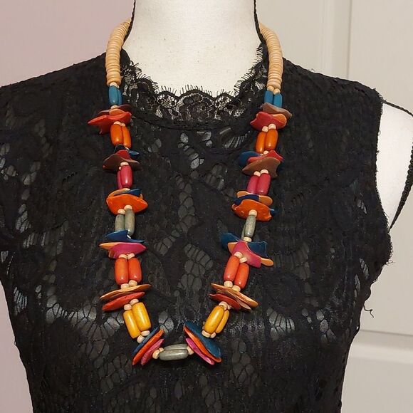 Tribal Exotic Fun Multicolor Wooden Beads Necklace Bold Statement - Picture 1 of 6